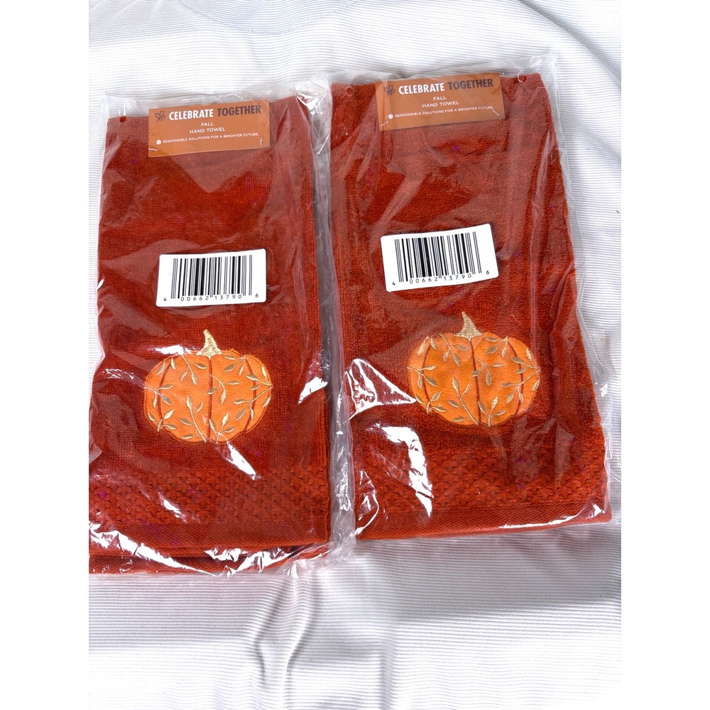 Celebrate Together Fall Hand Towel Set of 2 Orange Embroidered Pumpkin Cotton